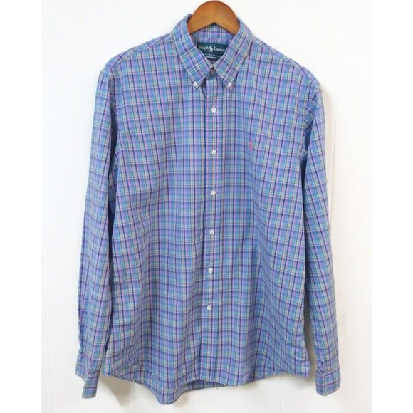 Ralph Lauren Mens L Shirt Plaid Multicolor Long Sleeve Pink Logo Custom Fit - Picture 1 of 5